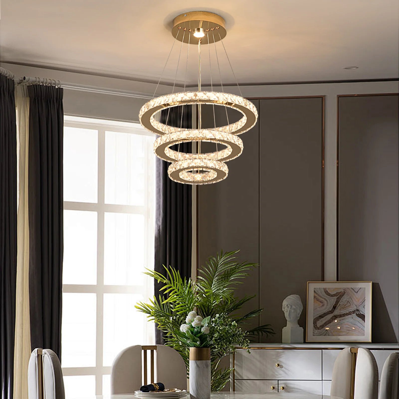 Crystal LED Chandelier – Multi-Ring Pendant Ceiling Light for Dining Room