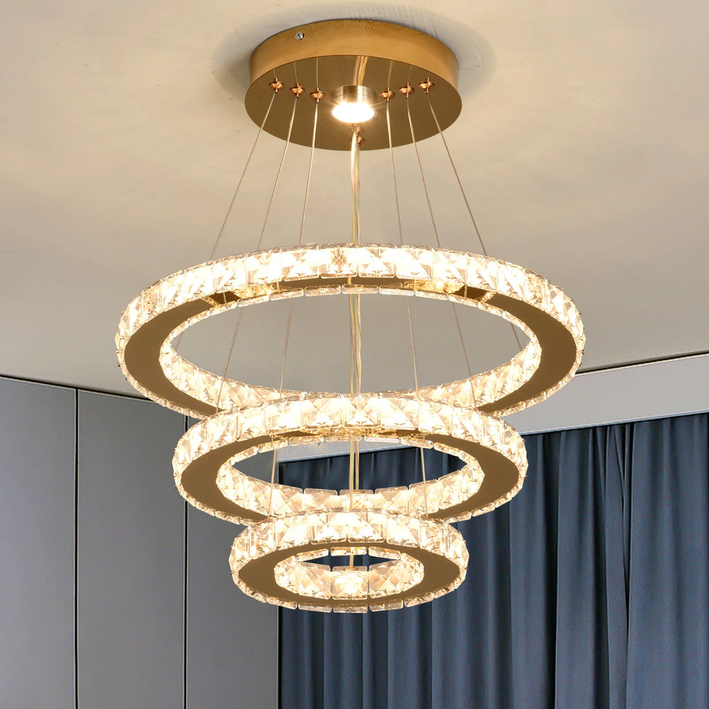 Crystal LED Chandelier – Multi-Ring Pendant Ceiling Light for Dining Room
